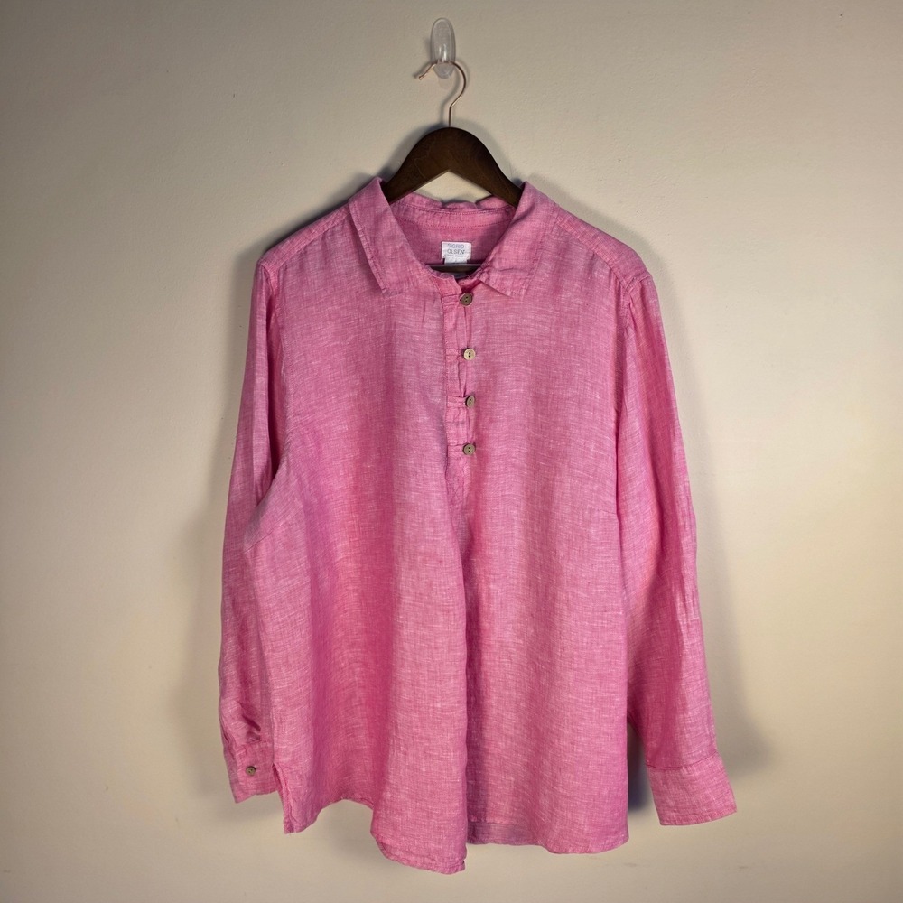 Sigrid Olsen Linen Henley Top Womens 2X Pink Roll Tab Sleeve Summer Coastal - Picture 2 of 12